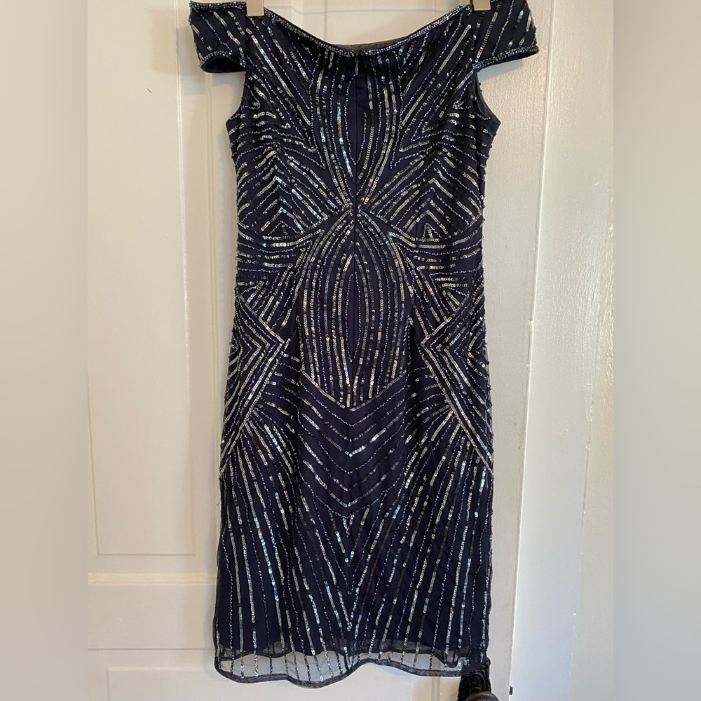 Adrianna Pappell midi navy blue beaded off the shoulder dress. Size 6